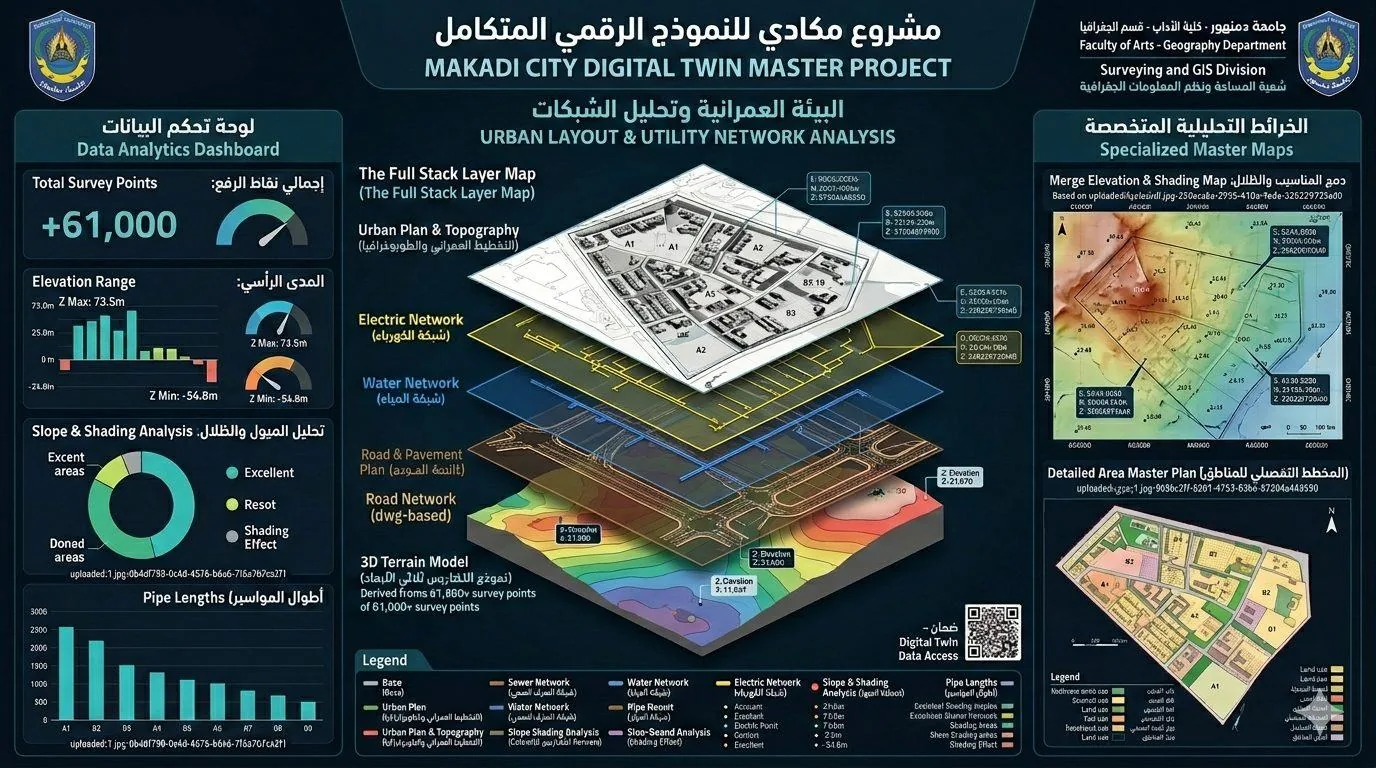النموذج الرقمي المتكامل لمنطقة مكادي — GIS Digital Twin